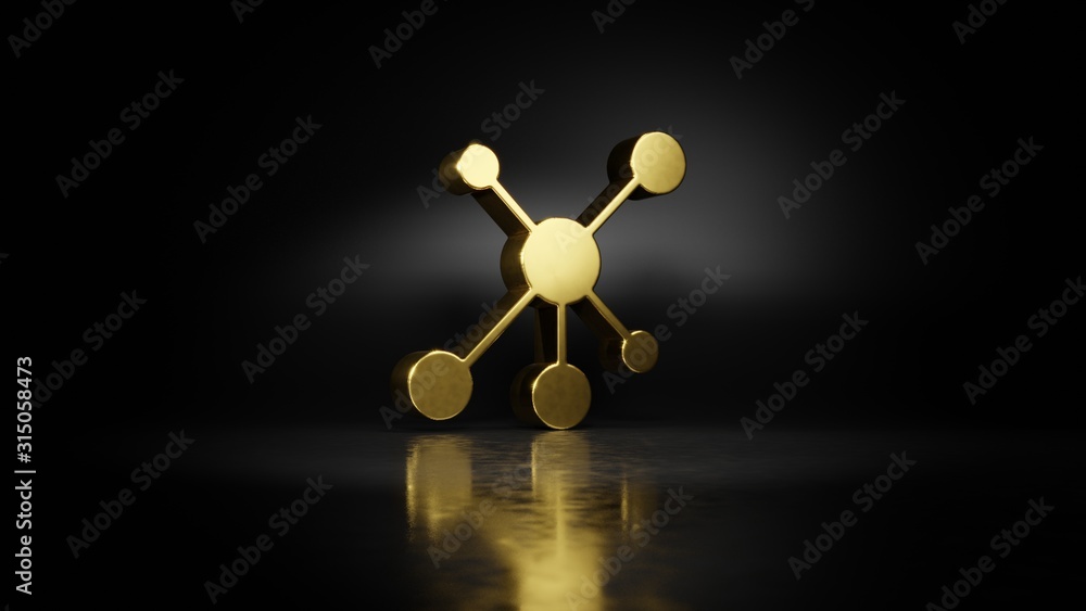 Poster gold metal symbol of network 3d rendering with blurry reflection on floor with dark background