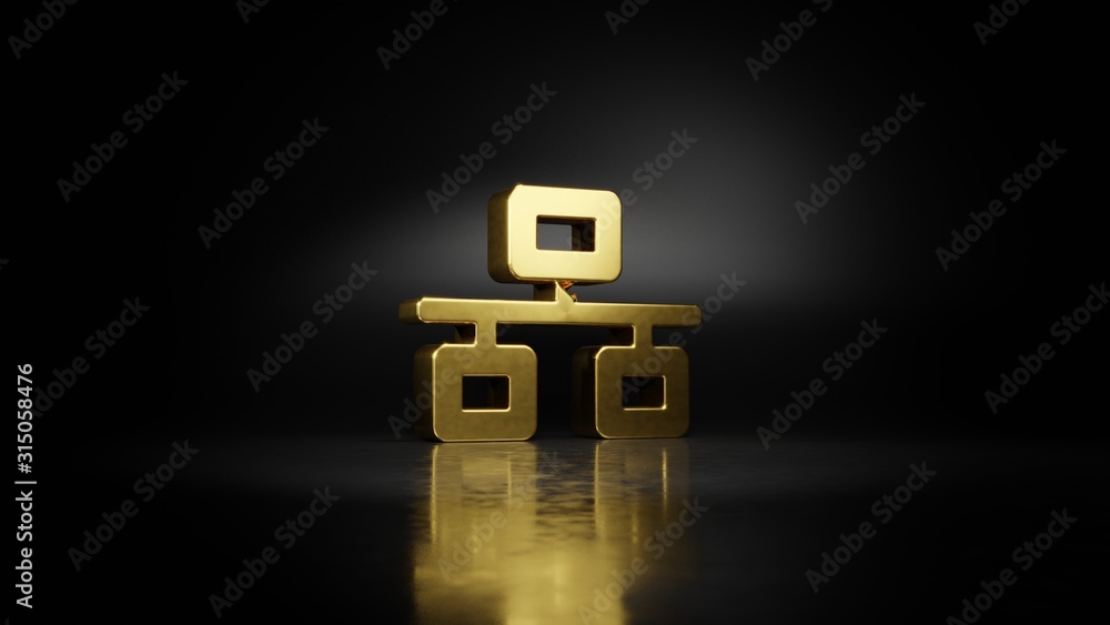 Poster gold metal symbol of network wired 3d rendering with blurry reflection on floor with dark background