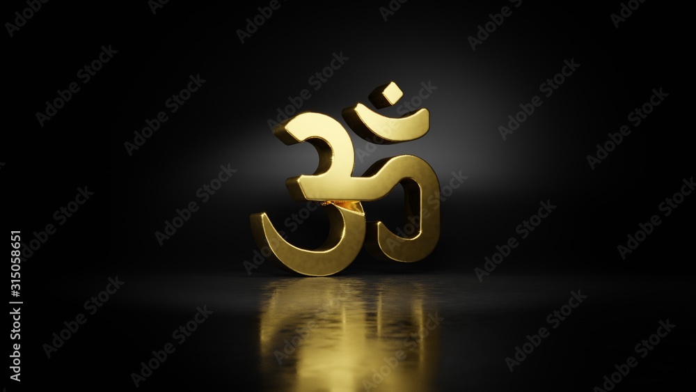 Poster gold metal symbol of om 3d rendering with blurry reflection on floor with dark background