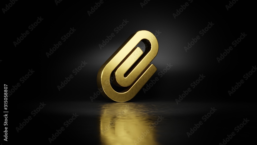 Poster gold metal symbol of paperclip 3d rendering with blurry reflection on floor with dark background