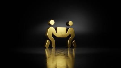 gold metal symbol of people carry 3D rendering with blurry reflection on floor with dark background