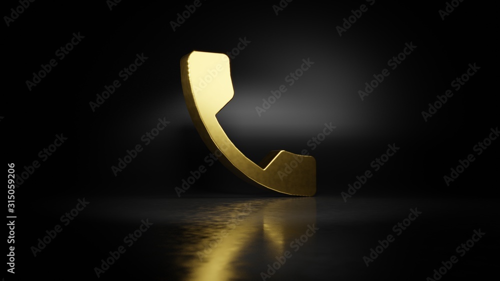 Poster gold metal symbol of phone call button 3d rendering with blurry reflection on floor with dark backgr
