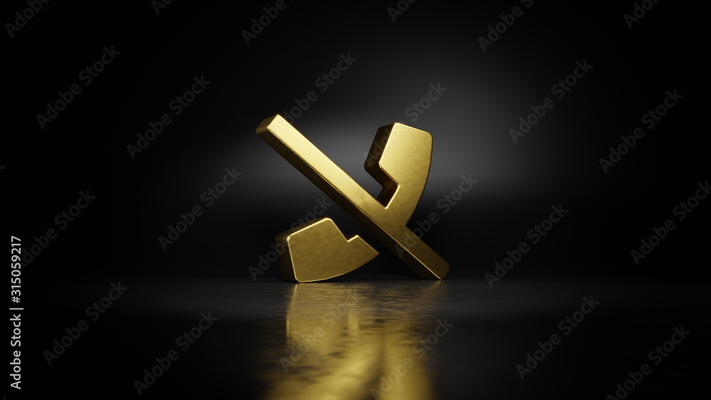 Poster gold metal symbol of phone slash 3d rendering with blurry reflection on floor with dark background