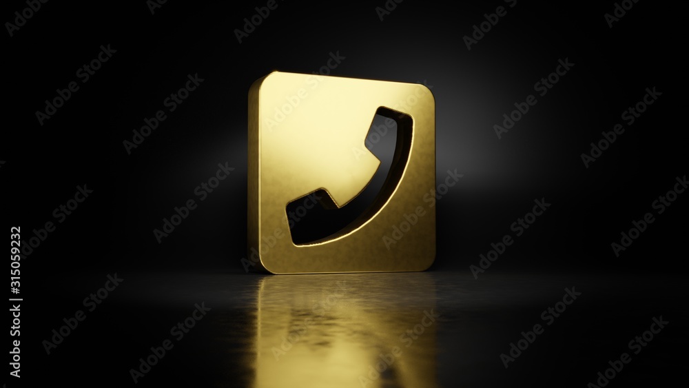 Poster gold metal symbol of phone square 3d rendering with blurry reflection on floor with dark background