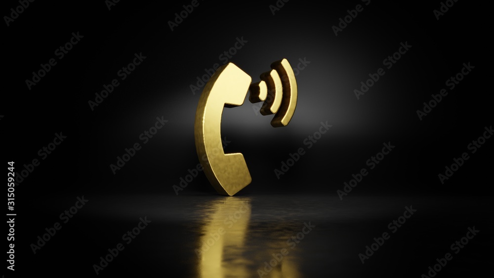 Poster gold metal symbol of phone volume 3d rendering with blurry reflection on floor with dark background