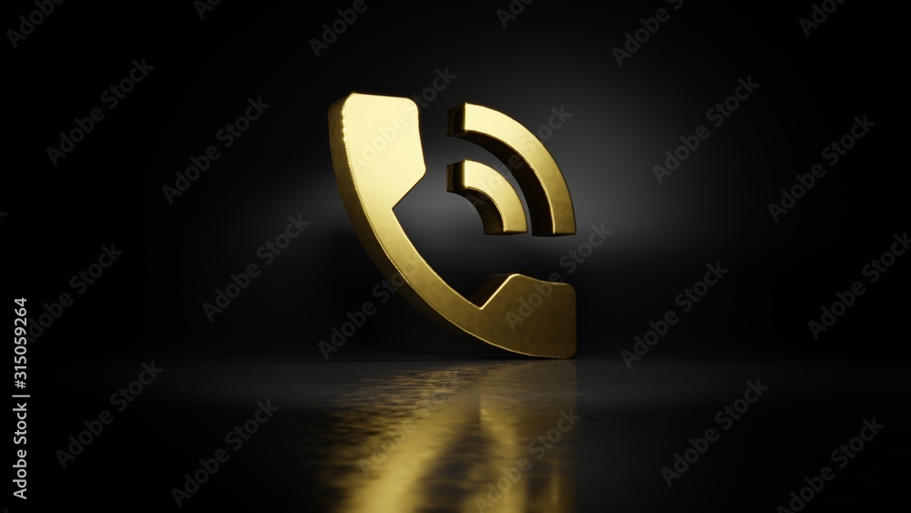Poster gold metal symbol of phone working indicator 3d rendering with blurry reflection on floor with dark 