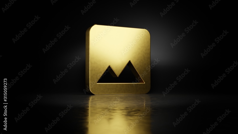 Poster gold metal symbol of photo 3d rendering with blurry reflection on floor with dark background