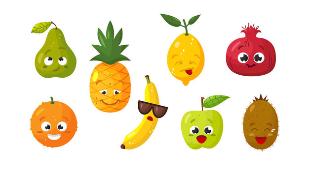 Vector set of cartoon images of various funny isolated fruits on a white background. Emotions, emojis, character.