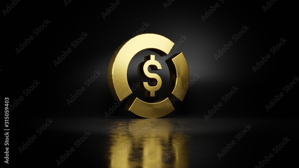 Poster gold metal symbol of pie chart 3d rendering with blurry reflection on floor with dark background