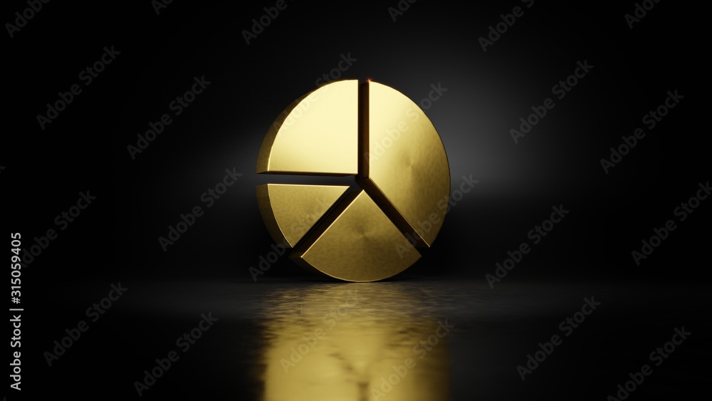 Poster gold metal symbol of pie chart 3d rendering with blurry reflection on floor with dark background