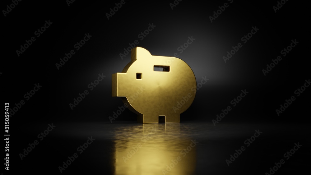 Poster gold metal symbol of piggy bank 3d rendering with blurry reflection on floor with dark background