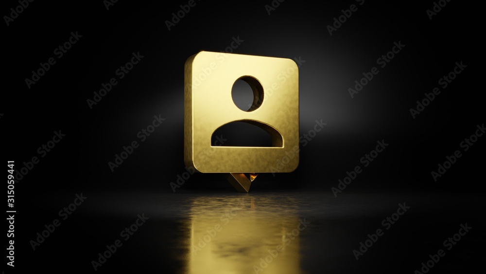 Poster gold metal symbol of pin 3d rendering with blurry reflection on floor with dark background