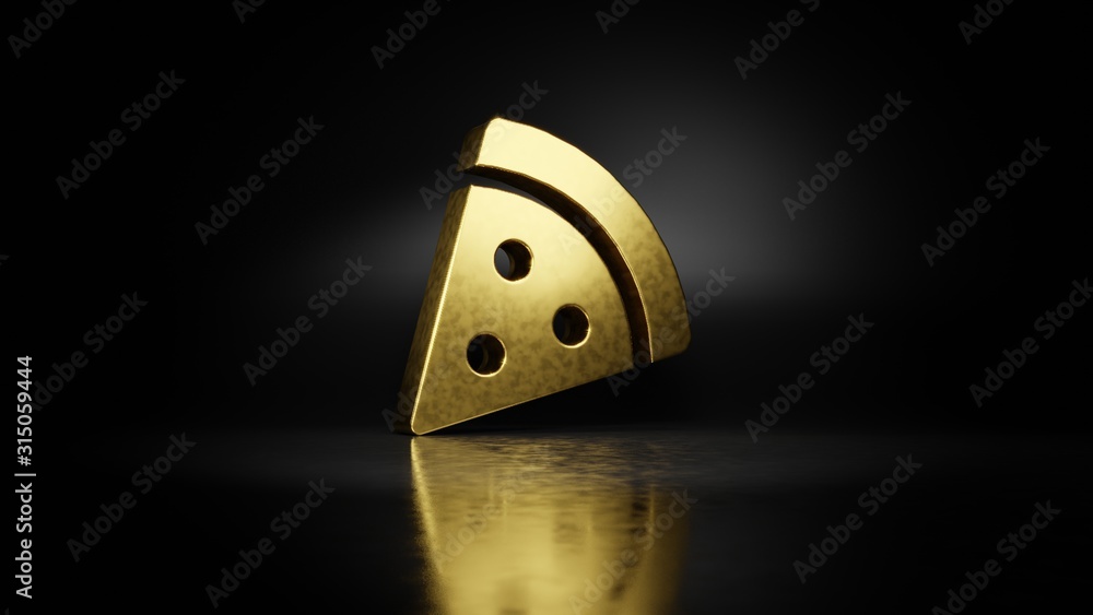 Poster gold metal symbol of pizza slice 3d rendering with blurry reflection on floor with dark background