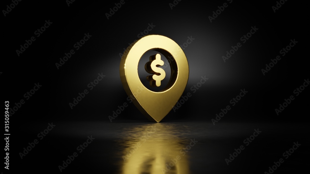 Poster gold metal symbol of placeholder 3d rendering with blurry reflection on floor with dark background