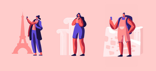 Set of Young People with Backpacks and Smartphones Traveling Abroad Making Photo. Travel Agency Service, Exotic Country Traveling Trip, Summertime Active Lifestyle Cartoon Flat Vector Illustration