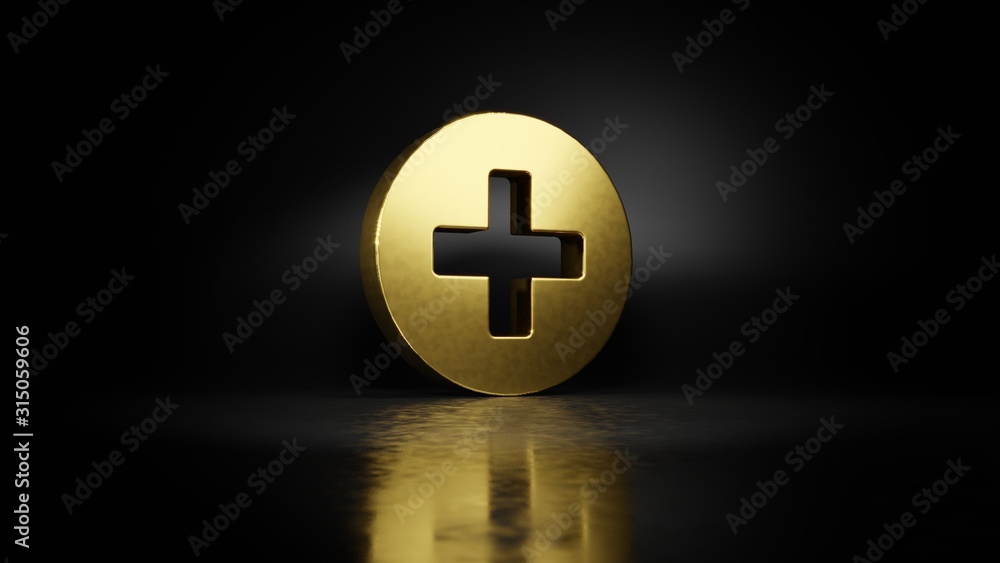 Poster gold metal symbol of plus circle 3d rendering with blurry reflection on floor with dark background