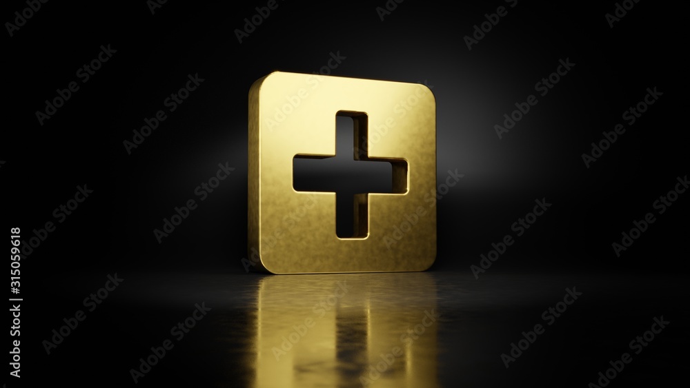 Poster gold metal symbol of plus square 3d rendering with blurry reflection on floor with dark background