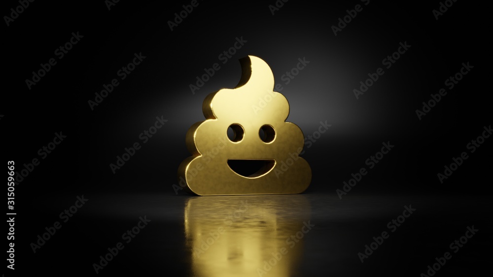 Poster gold metal symbol of poo 3d rendering with blurry reflection on floor with dark background