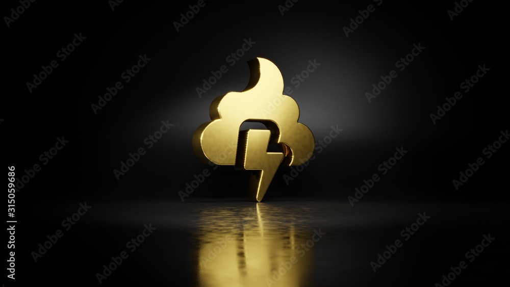 Poster gold metal symbol of poo storm 3d rendering with blurry reflection on floor with dark background