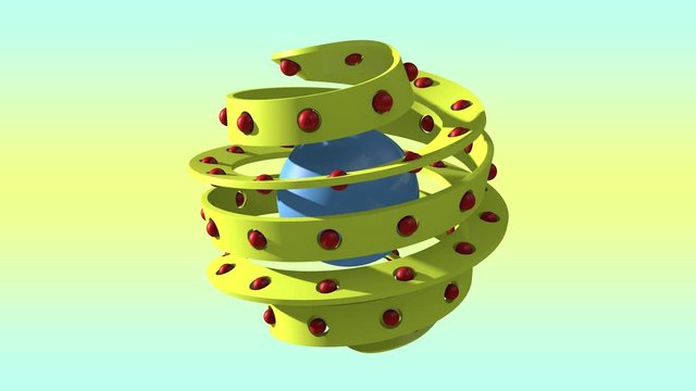 3D animation of a yellow spiral twisted into a Mobius tape with holes on the surface and a lot of small balls. Spheres fly in space, abstractly. 4K abstract 3D animation.