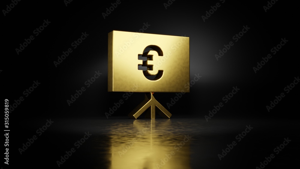 Poster gold metal symbol of presentation 3d rendering with blurry reflection on floor with dark background
