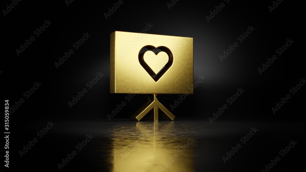 Poster gold metal symbol of presentation 3d rendering with blurry reflection on floor with dark background