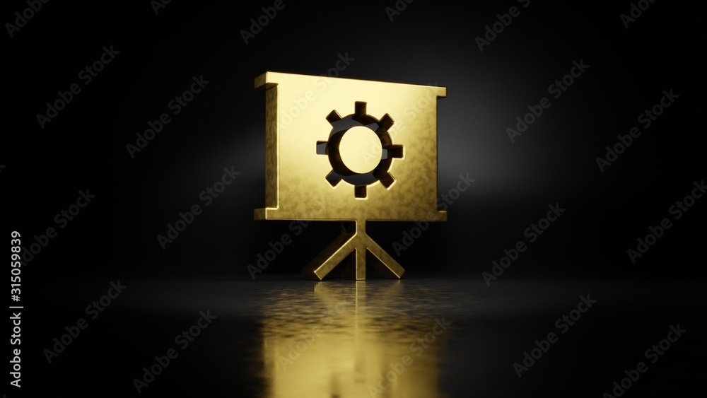 Poster gold metal symbol of presentation 3d rendering with blurry reflection on floor with dark background