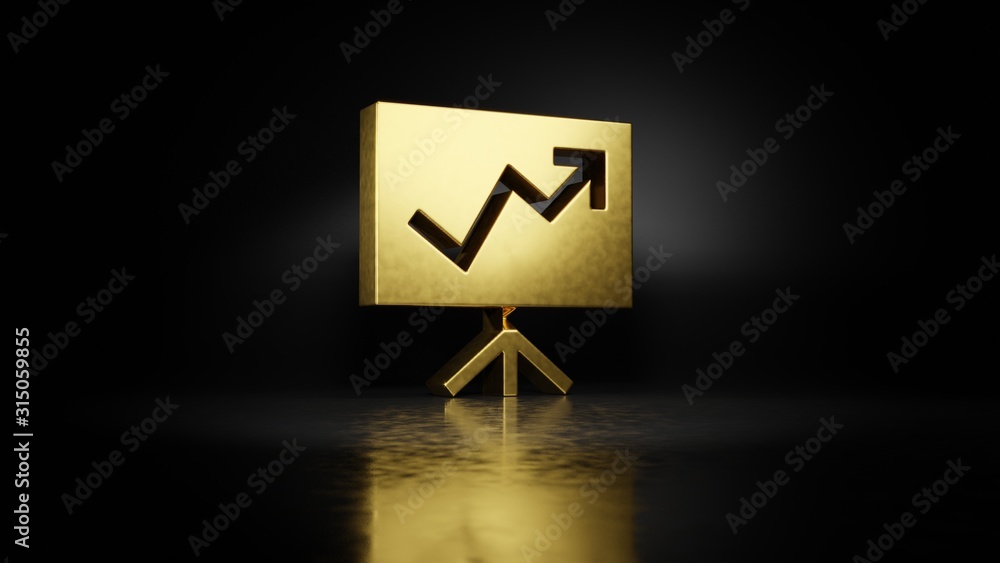 Poster gold metal symbol of presentation 3d rendering with blurry reflection on floor with dark background