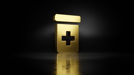 gold metal symbol of prescription bottle  3D rendering with blurry reflection on floor with dark background