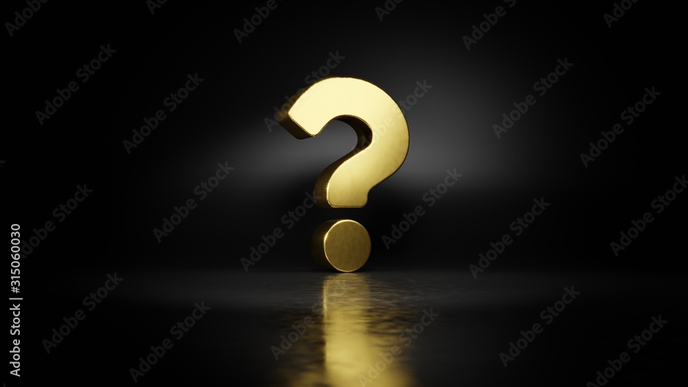 Poster gold metal symbol of question 3d rendering with blurry reflection on floor with dark background