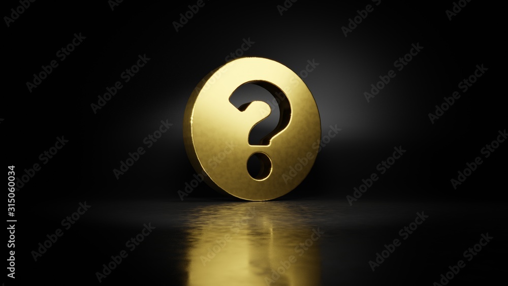 Poster gold metal symbol of question circle 3d rendering with blurry reflection on floor with dark backgrou