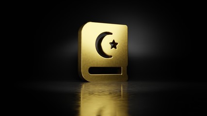 gold metal symbol of Quran 3D rendering with blurry reflection on floor with dark background