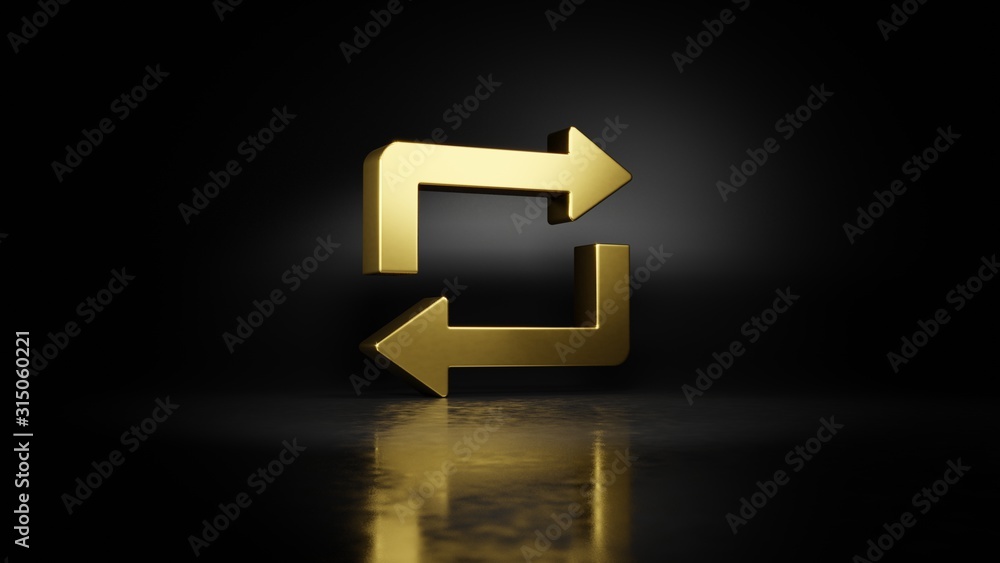 Poster gold metal symbol of repeat 3d rendering with blurry reflection on floor with dark background