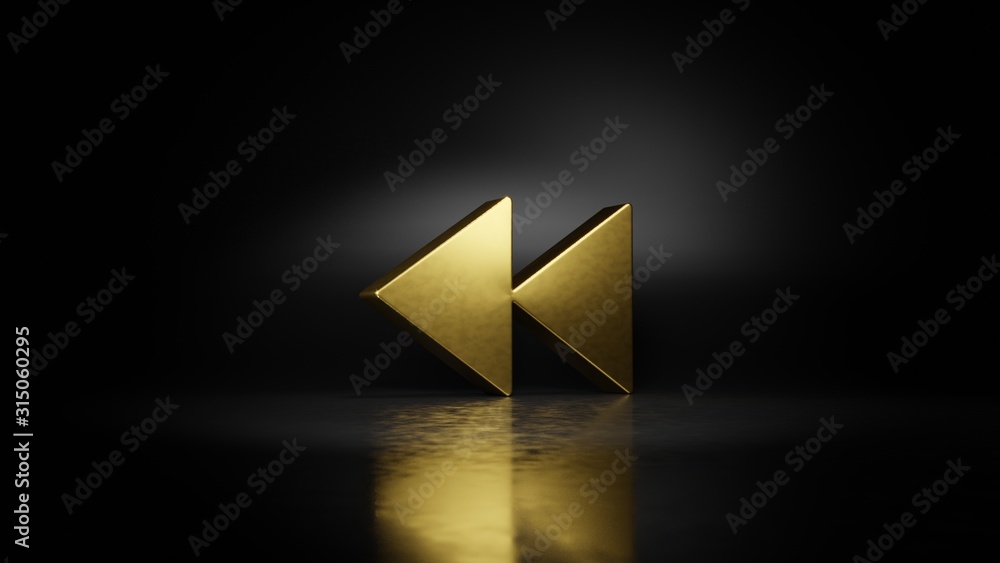 Poster gold metal symbol of rewind 3d rendering with blurry reflection on floor with dark background