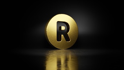 gold metal symbol of registered 3D rendering with blurry reflection on floor with dark background