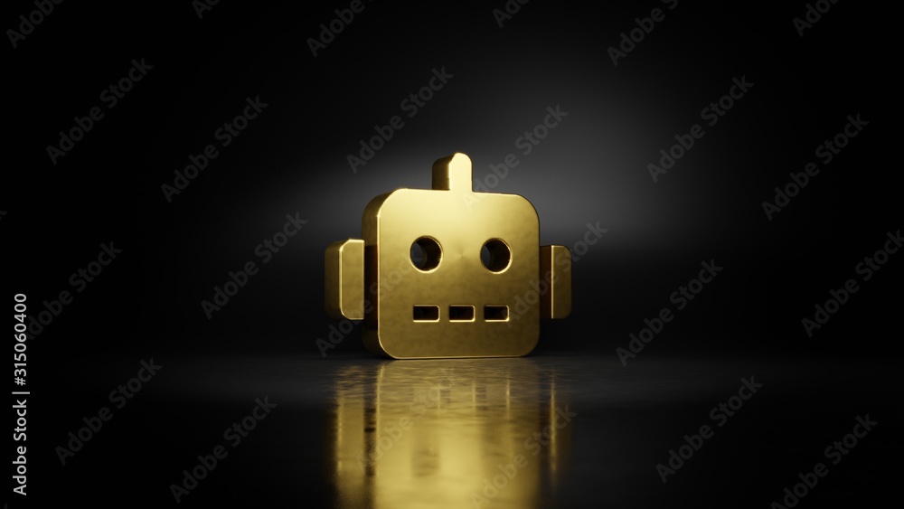 Poster gold metal symbol of robot 3d rendering with blurry reflection on floor with dark background