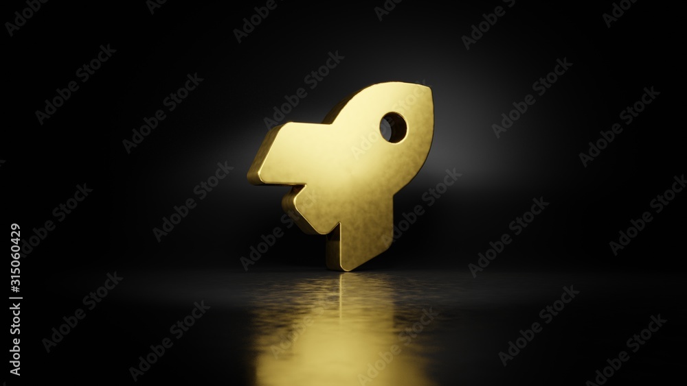 Poster gold metal symbol of rocket 3d rendering with blurry reflection on floor with dark background
