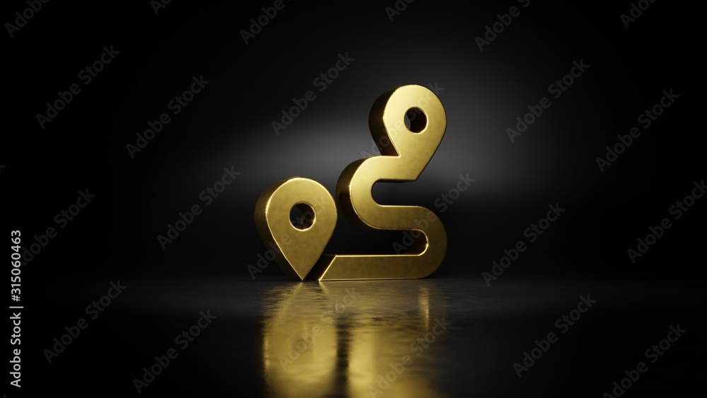 Poster gold metal symbol of route 3d rendering with blurry reflection on floor with dark background