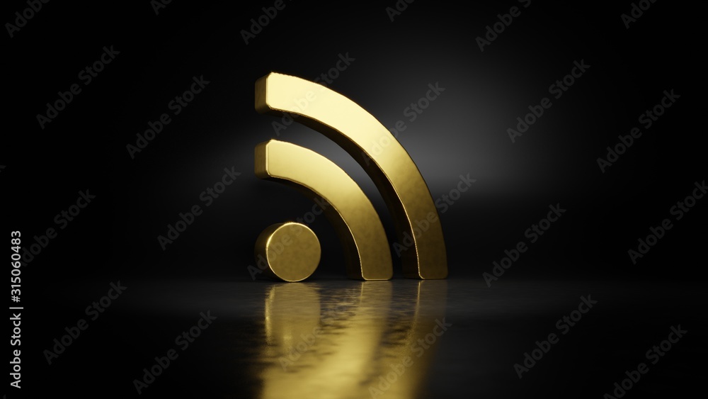 Poster gold metal symbol of rss 3d rendering with blurry reflection on floor with dark background