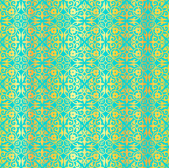 Seamless vector golden pattern. Golden curls, weave, flowers on a blue background. Bright luminous ornament in the Arabic style for wallpaper, textile, wrapping paper, posters. Decorative illustration