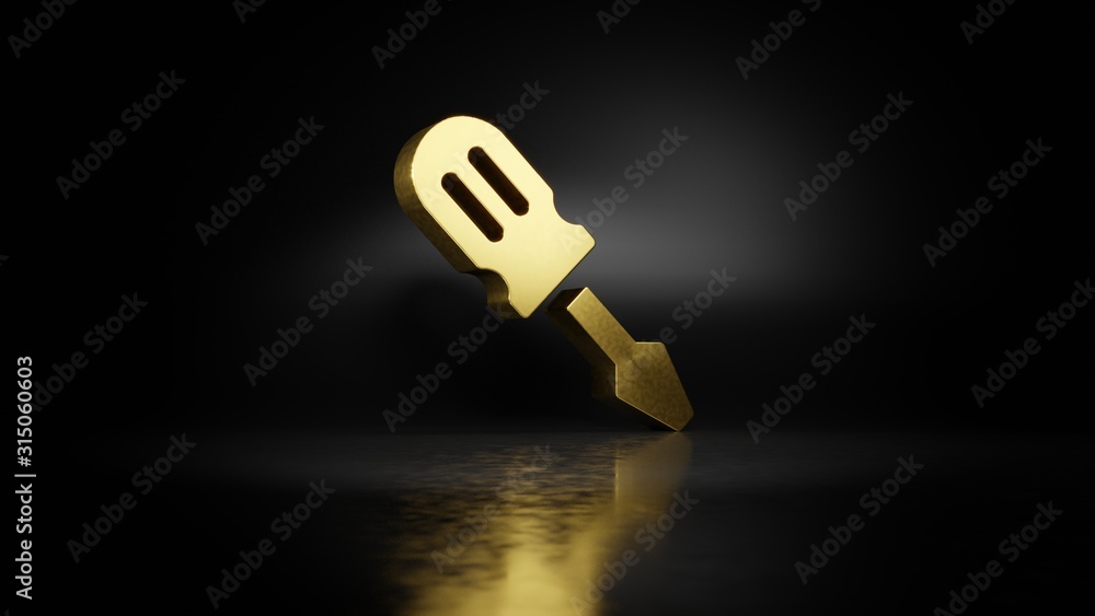 Poster gold metal symbol of screwdriver 3d rendering with blurry reflection on floor with dark background