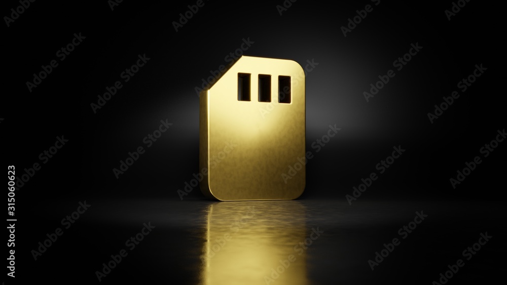 Poster gold metal symbol of sd card 3d rendering with blurry reflection on floor with dark background