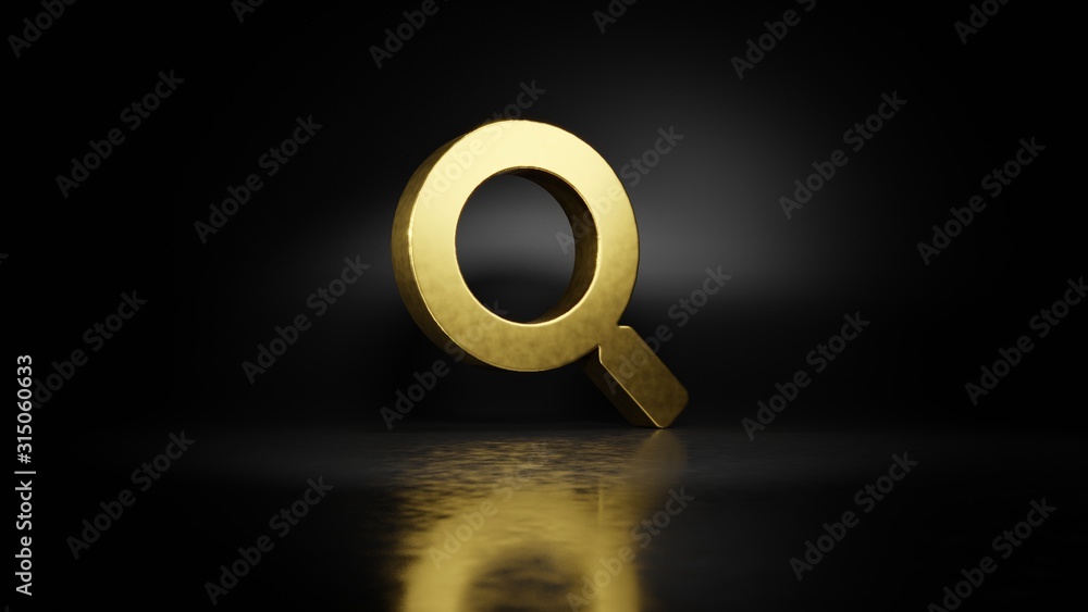 Poster gold metal symbol of search 3d rendering with blurry reflection on floor with dark background