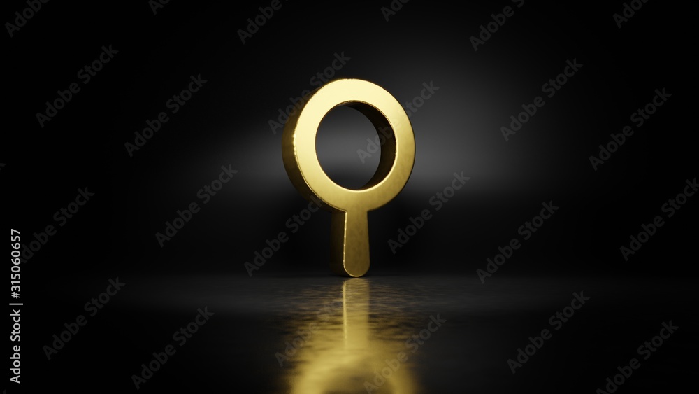 Poster gold metal symbol of search 3d rendering with blurry reflection on floor with dark background
