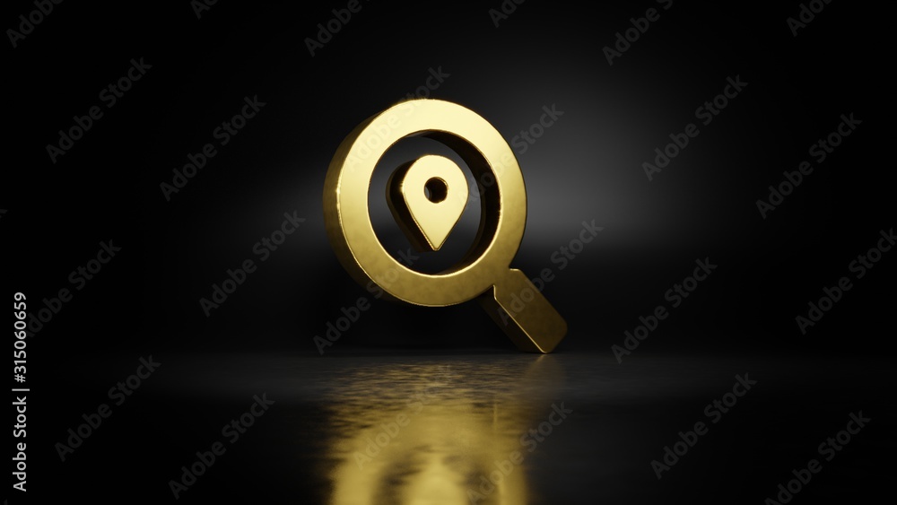 Poster gold metal symbol of search location 3d rendering with blurry reflection on floor with dark backgrou