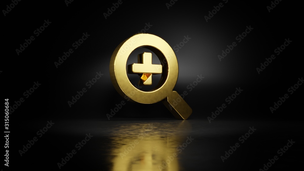 Poster gold metal symbol of search plus 3d rendering with blurry reflection on floor with dark background