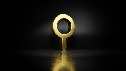 gold metal symbol of search 3D rendering with blurry reflection on floor with dark background