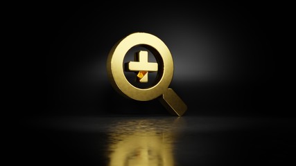 gold metal symbol of search plus 3D rendering with blurry reflection on floor with dark background