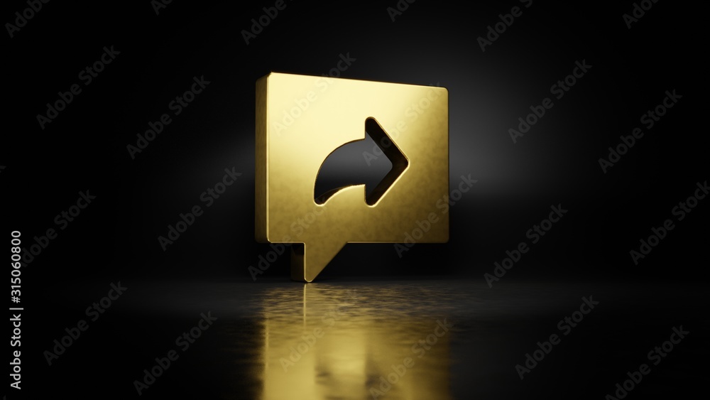 Poster gold metal symbol of share 3d rendering with blurry reflection on floor with dark background