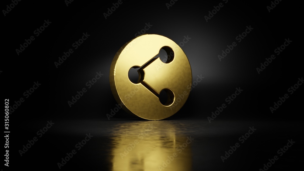 Poster gold metal symbol of share 3d rendering with blurry reflection on floor with dark background